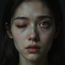a female looking directly while her left eye is closed and the other right eye is wide open, horror, dark, naturel, hyper detailed, digital art, trending in artstation, cinematic lighting, studio quality, smooth render, unreal engine 5 rendered, octane rendered, art style by klimt and nixeu and ian sprigger and wlop and krenz cushart