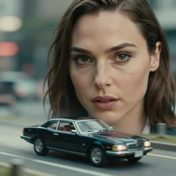 beautiful hyperrealism three point perspective film still of gal gadot car chase in matrix, extreme closeup portrait in style of frontiers in porcelain miniature photography fashion edition, miniature h. g giger portrait, eye contact, tilt shift style scene background, soft lighting, kodak portra 4 0 0, 8 k, macro, cinematic style by emmanuel lubezki