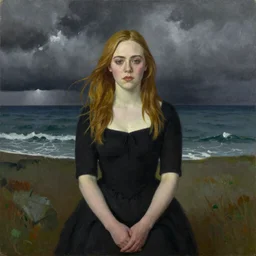 Elle Fanning in the world of Andrew Wyeth, stormy weather, extremely detailed masterpiece, oil on canvas, Roger Deakin’s cinematography, by Norman Rockwell,