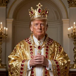 portrait of God King Barron Trump ordained in gold and red diamonds. Badass pose. Photo realistic. Gregory Crewdson. Award winning. Masterpiece, exquisite detail, post processing