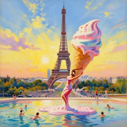 a highly detailed and realistic painting of a dancing eiffel tower in paris with melting ice cream of the paris skyline on a very sunny bright summer sunset day, very hot and the ice is melting fast and people are swimming in the icecream in the style of henri matisse