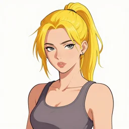 character portrait of a cool girl with dyed golden yellow hair, messy high ponytail, wearing a tanktop, detailed eyes, lesbian, stylized, medium shot, vector line art, clean cel shaded vector art, by ross tron, lois van baarle, artgerm, helen huang, makoto shinkai, ilya kuvshinov, rossdraws