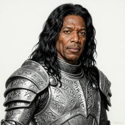 A hyper-detailed, ultra-detailed, photorealistic mixed media portrait of James Earl Jones as Thulsa Doom with long blacvk hair and intricately rune-carved armor, elegant, digital mixed media painting, concept art, smooth, sharp focus, fineliner illustration with slight bleeding, from 1974, by Bill Sienkiewicz, Yes, Molly Hatchet, Jethro Tull and Stephen Gammell