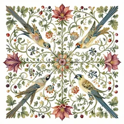 a beautiful render of an elaborate arabesque motif, adorned with exotic birds, berries, flowers, swirling vines, datura blossoms, by Raphael, William Morris, and Antoine Watteau, hyperreal