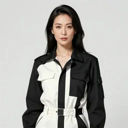 Portrait of a woman by Greg Rutkowski, she is about 50 years old, japanese, black straight hair, attractive, elegant, airs of superiority, she is wearing black and white utilitarian jumpsuit, highly detailed portrait, digital painting, artstation, concept art, smooth, sharp foccus ilustration, Artstation HQ.
