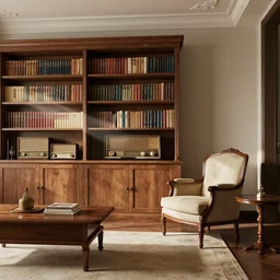 a vintage living room with a big bookshelf a old radio and a classic armchair near a wooden table, hyperrealistic, concept art, octane render, unreal engine 5, trending on artstation, high quality, 8 k, highly detailed, 8 k, path traced, godrays crossing the room, geometrically correct, beautiful, vintage, elegant, soft lighting, high coherence