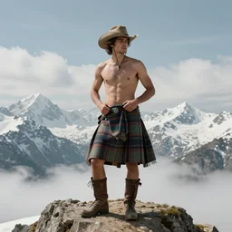 a homoerotic portrait by greg rutkowski and albert bierstadt and bill ward of a shirtless desi hiker on a mountain peak | he is removing a tartan kilt and wearing a cowboy hat, and leather boots | background is snowy mountains and clouds | detailed face, ethereal, dreamlike | trending on artstation
