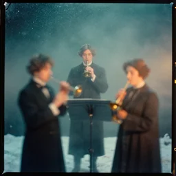 orchestra style of kodak portra 4 0 0, wetplate, muted colours, teal orange, 1 9 1 0 s style, motion blur, portrait photo of a backdrop, sparkling, stargazer, snow, fog, by georges melies and by britt marling