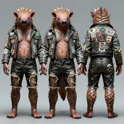 tattooed pangolin, wearing scratched and ripped leather shorts and a short jacket full of stamps and stitches, character sheet, fine details, concept design, contrast, brigitte bardot, kim jung gi, greg rutkowski, trending on artstation, 8 k, full body, turnaround, front view, back view, ultra wide angle