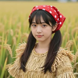 realistic portrait photorealistic, background in the rice fields. cute japanese woman in clothes made of rice straw, wearing a red and white bandana. fine art, trending on artstation, smooth draw, sharp focus, good lighting, no anomalies.