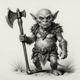 hyper realistic pencil drawing of a goblin, D&D Art, detailed, rim light, diffused, intricate, axe, by Chris Metzen