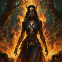 painting of alluring pyromancer woman in the burning jungle, beautiful face, black skin, long robes and miniskirt, belts, circlet, golden accessories, high fantasy, dnd, sharp focus, award - winning, masterpiece, extremely detailed, intricate, art by rebecca guay, rossdraws