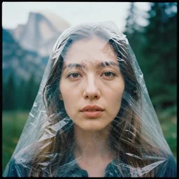 a color photograph, closeup portrait of a woman wrapped in plastic, in grand olympic national park in washington, color photograph, by vincent desiderio, canon eos c 3 0 0, ƒ 1. 8, 3 5 mm, 8 k, medium - format print
