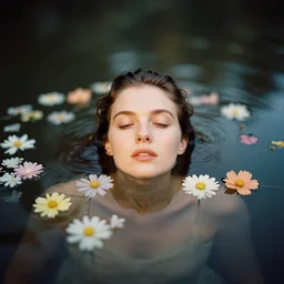 An vintage analog head and shoulder frontal face portrait photography of a woman floating in water and flowers by Maxim Nikolaev. Kodak Portra 800 film. shallow depth of field. (Depth of field). whirl bokeh!!. Golden hour. detailed. hq. realistic. warm light. muted colors. dark Mood. Filmic. Dreamy. lens flare. Mamiya 7ii, f/1.2, symmetrical balance, in-frame