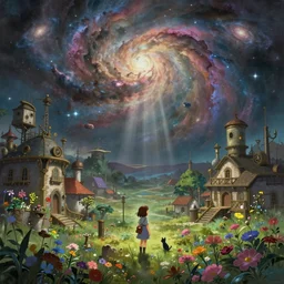 a beautiful landscape painting of steampunk landscape, a junk nebula in the sky, galaxies visible, old buildings and colourful flowers, a tiny girl looking on with her talking cat, by jean - honore fragonard and don bluth and makoto shinkai, light rays, trending on artstation, octane render