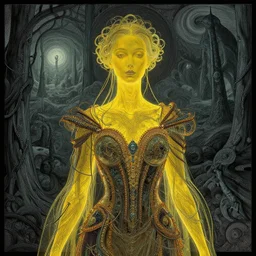 Woman wearing beautiful ornate clothes, Masterpiece, glass, flat background, yellow skin, glowing, wires everywhere, by Edgar Maxence and Ross Tran, Zdzisław Beksiński, and Michael Whelan, distant, gustav dore, H.R. Giger, 8k, octane render