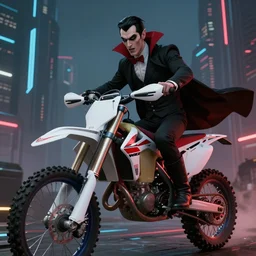 dracula vampire riding dirt bike, cyberpunk city background, beautiful, detailed portrait, cell shaded, 4 k, concept art, by wlop, ilya kuvshinov, artgerm, krenz cushart, greg rutkowski, pixiv. cinematic dramatic atmosphere, sharp focus, volumetric lighting, cinematic lighting, studio quality