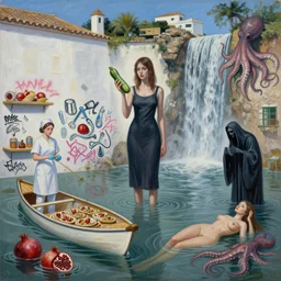 painting of a flooded spanish art gallery in marbella beach - side, death, a tall emo girl, holding a courgette, tapas, grafitti, surgical equipment and nurse, canoe, pomegranates, floodwaters, squid ink, the grim reaper, waterfall from the wall, octopus, sensual, puddles, zen, surrealist, by magritte and monet