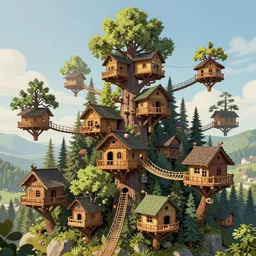 treetop elf village made up of treehouses and connected by rope bridges, detailed digital art trending in artstation