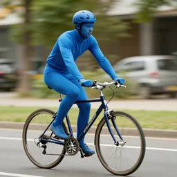 a blue man riding a bike