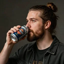 balkenende as a hipster with a man-bun and a beard, drinking a can of micro-brew
