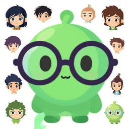 a drawing of a green cute character wearing oversized dark round glasses, vector art by Jan Konůpek, 2d game art by Pixar, set of stickers by Akira Toriyama, featured on polycount, behance contest winner, mingei, sketchfab, low poly