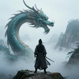 a wuxia sword master encounters a big mythical oriental dragon on a misty mountain, 18mm f8 photography,