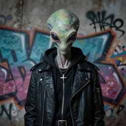 focused portrait painting of a punk rock alien wearing Rick Owens clothing, Graffiti on wall in background, mood lighting, in the style of HRGiger, 8K
