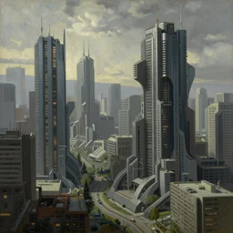 a landscape painting of cyberpunk, art by rembrandt!! intricate. ultra detailed, oil on canvas, wet - on - wet technique, highly realistic, dynamic lighting, intricate textures, illusionistic detail,