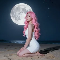 woman kneeling on the sand, pink wavy hair, white dress, big moon in the sky, starry night, digital art by Dan Mumford and Peter Mohrbacher, highly detailed, trending on ArtStationHQ