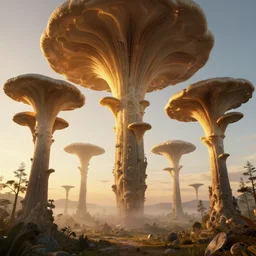symmetry!! free fall, futuristic, surreal landscape, fungus tower, golden hour, very detailed, perfect composition, perfect lighting, 4 k, trending on artstation, greg rutkowski, derek zabrocki, artgerm, 3 d render, octane render