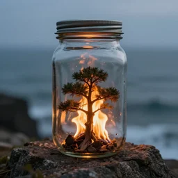 glass jar with a miniature burning! tree inside, standing on a cliff, bokeh, ocean in the background, metal lid, dramatic lighting, hyperrealistic, volumentric lighting, highly detailed