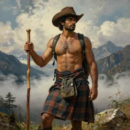 an ethereal dramatic painting of a handsome rugged shirtless desi hiker | he is wearing a plaid kilt and cowboy hat, and holding a wooden pole | background is mountains and clouds | homoerotic, dramatic lighting, highly detailed, vintage travel poster | by maxfield parrish | trending on artstation