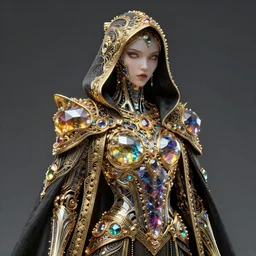 cybernetic crystal assassin, award winning concept art, realistic, smooth matte, intricate linework, beautiful spectrum of colorful gems on dark intricate armor cloak, cyborg, clear focus portrait, glowing, baroque, hooded, ornate!!! golden, specular, futuristic, very detailed, moody, magical, wlop, chebokha, rutkowski, artgerm, shinkai