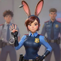 Stunning Portrait of Bunny Ears D.VA from Overwatch wearing a police uniform by Kim Jung Gi, holding handcuffs in one hand five fingers Blizzard Concept Art Studio Ghibli. oil paint. 4k. by brom, Pixiv cute anime girl wearing police gear by Ross Tran, Greg Rutkowski, Mark Arian, soft render, octane, highly detailed painting, artstation