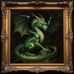 an ornately framed painting of a green alien dragon. pulp sci - fi art for omni magazine. high contrast. dark background. baroque period, oil on canvas. renaissance masterpiece. trending on artstation. retrofuturism.