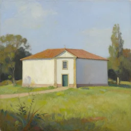 a beautiful painting of a building in a serene landscape by João Artur da Silva