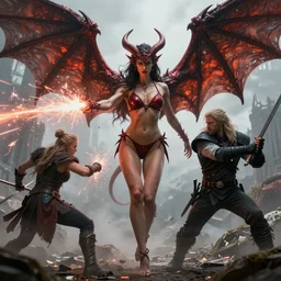 seductive bikini ciri epic battle against a winged demon, magic shooting forth from different directions, the witcher, fierce combat, sharp details, artstation hq, epic fantasy, cinematic lighting, photorealism, 8 k.