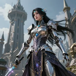 photo of a sorceress near mage tower, warframe armor, cyborg, magical dress, fantasy, interesting angle, sharp focus, 8 k high definition, insanely detailed, intricate, intelligent, art by kazuya takahashi, fenghua zhong, sangsoo jeong, kevin hou