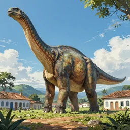 Ouro Preto minas gerais artwork by Tomer Hanuka Rendering with an giant titanosaur over it . full of details, by Makoto Shinkai and thomas kinkade, Matte painting, trending on artstation and unreal engine