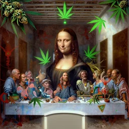 hyper realistic portrait painting of da vinci's the last supper, marijuana ( intricate detail, hot neon green ornaments, marijuana leaves ) wet, marijuana buds, by saturno butto, boris vallejo, austin osman spare and david kassan, by bussiere. occult art, occult diagram, red and green color scheme.