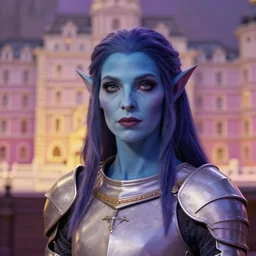 A professional digital portrait painting of a female tiefling trickery domain cleric with blue skin dressed in light armor, 4k, digital art, trending on cgsociety, renaissance painting, highly detailed, head and shoulders shot, shallow depth of field, purple and yellow lighting, professional lighting, The Grand Budapest Hotel, airbrush, Hayao Miyazaki