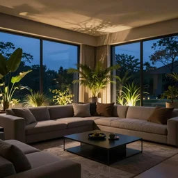 photorealisitic modern livingroom with plants evening dark windows beautifully lit room and night light through windows