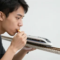 a photo of a man eating a tiny bullet train leica 4 k ultra wide photo