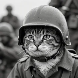 Close up of a cat wearing soldier helmet in the battle, ww2 historical photography, black & white