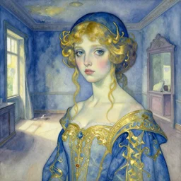 close up of a girl in a blue and gold haunted liminal abandoned room, watercolor by goya, by hammershøi, art noveau, highly detailed, lights by edward hopper, liminal, eerie, bright pastel colors