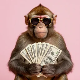 A monkey with golden sunglasses on, Holds a lot of dollars, pink background, studio lighting, 4k, award winning photography