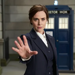 Ellen Page as the 10th Doctor, holding her hand out to the camera, tv still from the BBC tv show 'Doctor Who'