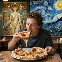 charlie kelly from it's always sunny in philadelphia eating pizza, art by alphonse mucha and van gogh