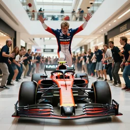 Max Verstappen with his formula 1 car in a shopping mall, people are scared and jump away, 8k